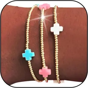 Pink, white, blue cross 3mm gold bead ha