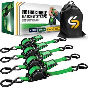 Retractable Ratchet Straps 1 in x 10 ft, Secure Tie-Downs with Rubber-Coated Steel Handles, for , Jetski, Kayak, Breaking Strength 1,500LBS/680KG (Green Strap, Black Coated)