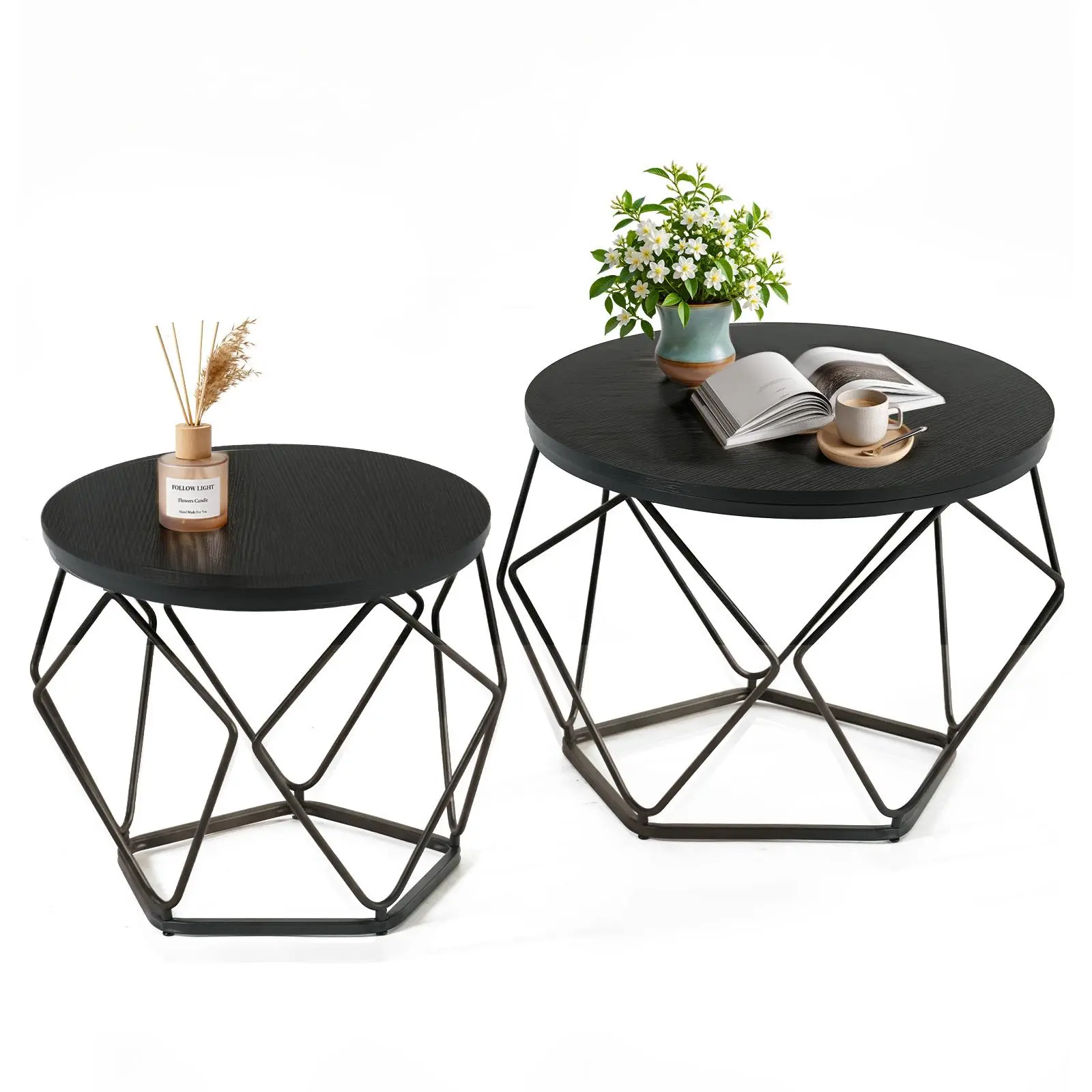 Coffee Table Set of 2 with Hidden Storage, Round Nesting Side Tables with Removable Lid, Modern Geometric End Tables for Living Room Decor, Movable