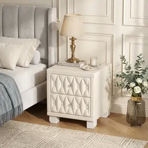 Elegant Beige Velvet Nightstand with 2 Drawers & Crystal Handles, Button-Tufted Storage Bedside Table, Luxury Side Table for Bedroom