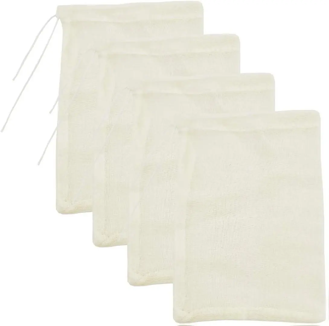 4-Pack 4"x6" Eco-Friendly 100% Natural Cotton Fine Mesh Cheesecloth Strainer Bags - Reusable X-Small Home Cooking Filter Bags with Measure Feature for Coffee, Tea Straining, Nut Milk