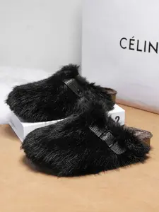 Luxurious Long Fur Non Slip Slippers for Men and Women, Round Toe Soft Sole, Adjustable Buckle, Anti-Slip, Retro Fashion Casual Walking Shoes, Footwear