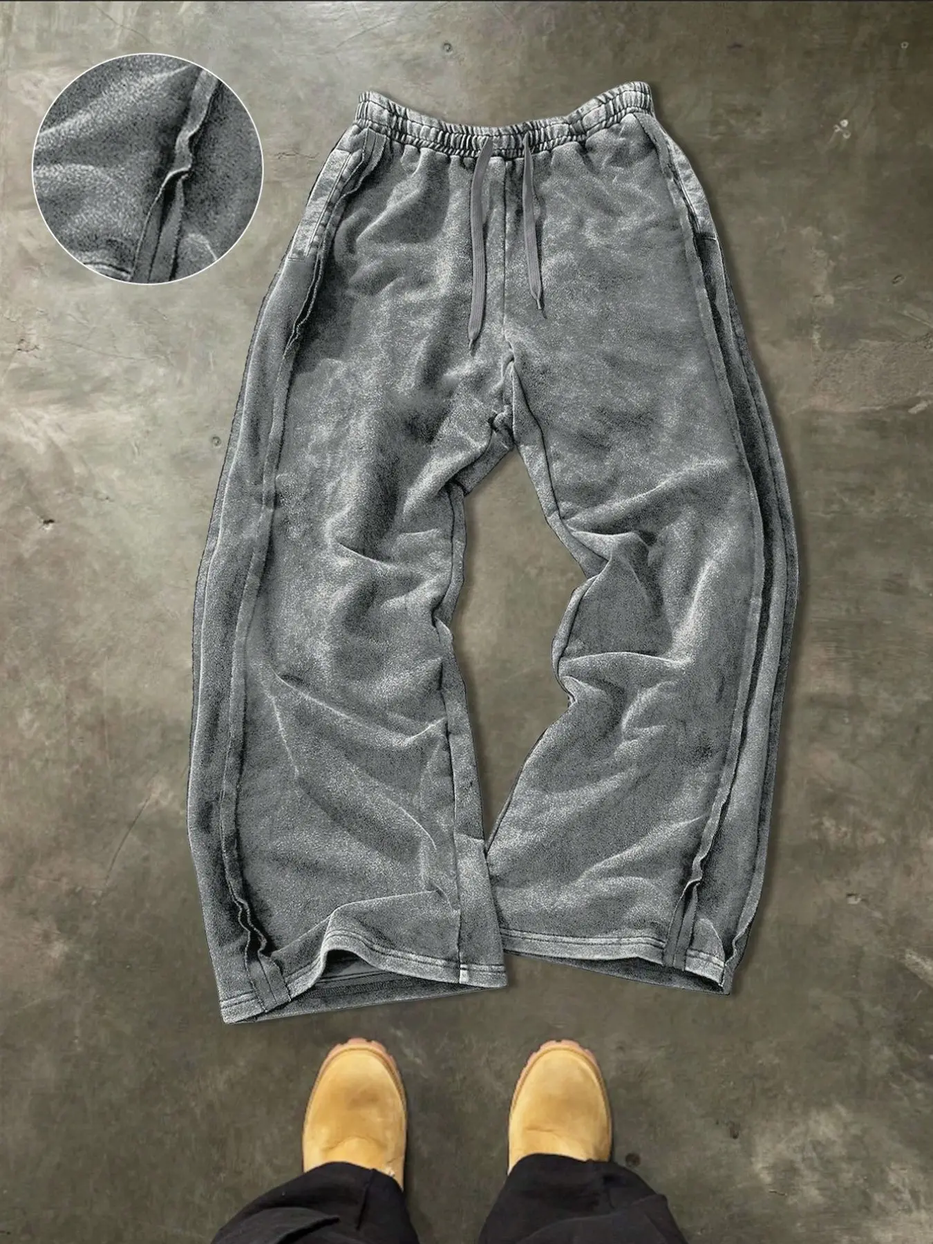 Unisex Vintage Washed Edge Sweatpants, Casual Comfy Drawstring, Stone Wash, Elastic Waist Drawstring, Loose Wide Leg Baggy, Street Style, Streetwear, Versatile Fit, Trouser