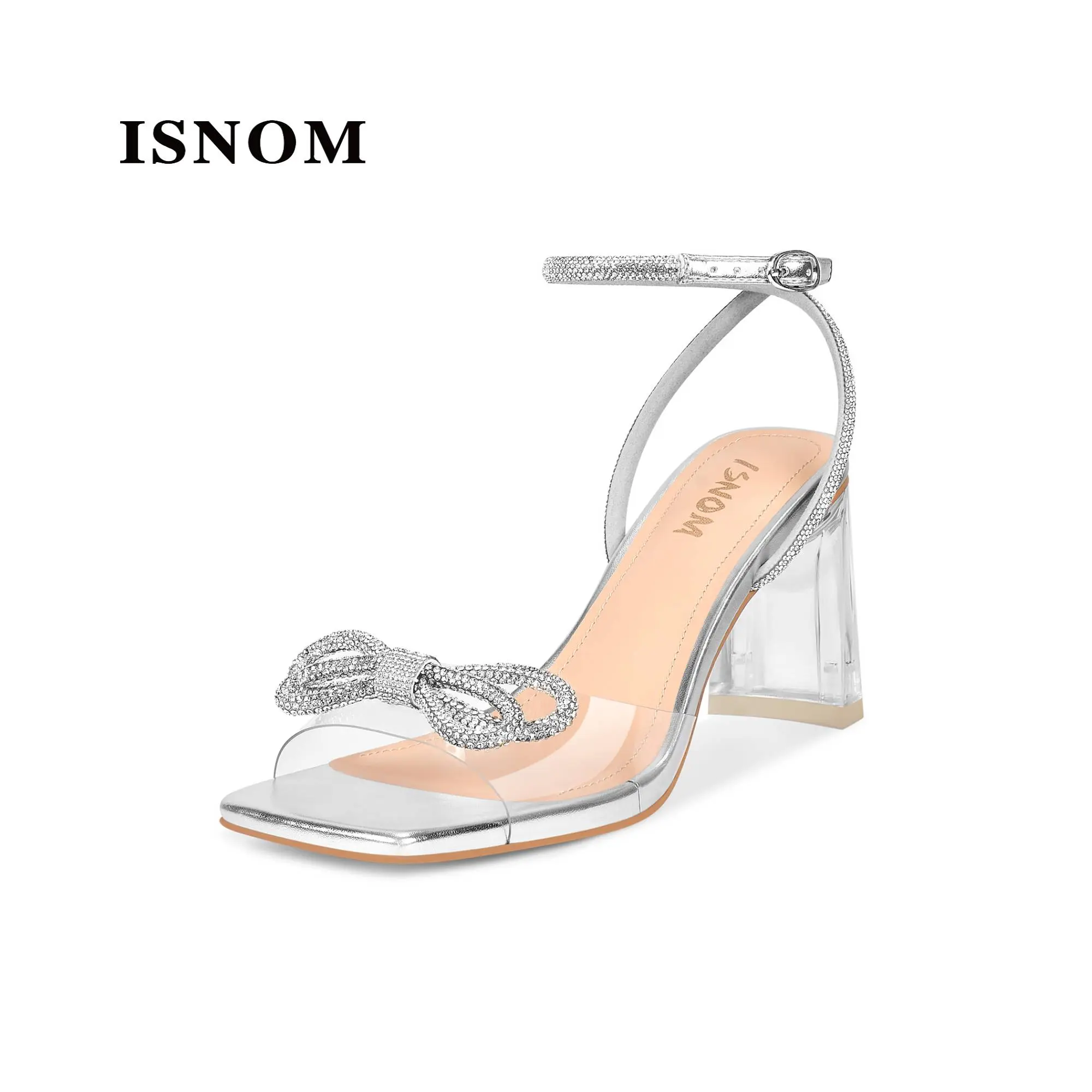 ISNOM Womens Clear Heels: Bow Rhinestone Glitter Wedding Sandals-Chunky Heel for Stability & Elegance-Adjustable Ankle Strap for Formal Events, Parties, Date Nights & All Occasions Footwear Girl #WeeklyDeals#SummerVibes #outdoorfun #tiktokshopmemorialday