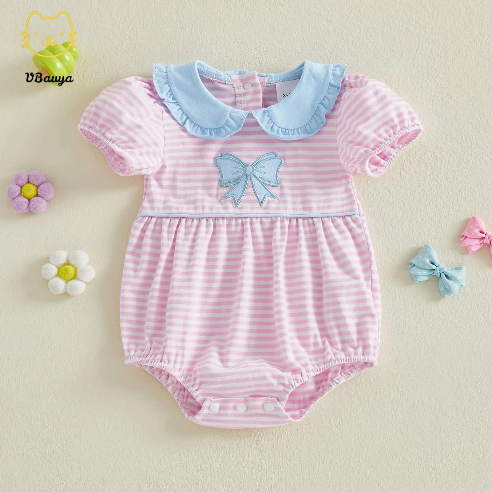 Baby Girl's Casual Striped Cotton Bubble Romper with Smocked Chest, Short Sleeve 1-Piece Outfit for Infant Casual Wear, 12-18 Months, 0-3M, 3-6M, One-Piece