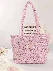 Cherry & Plaid Pattern Tote Bag, Checkered Pattern Bag, Lightweight Portable Large Capacity Shoulder Bag, Casual Trendy Versatile High-quality Daily Commuting Bag, Girl Fashionable Shopping Bag, Stylish Tote Bag, Casual Commuter Bag