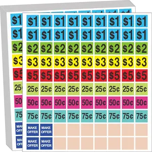 Garage Sale Price Stickers,Yard Sale Tags 1800 Pieces, 3/4 x 3/4 inches, Pre-Printed $1-$5 and Cents Values, Multi-Color
