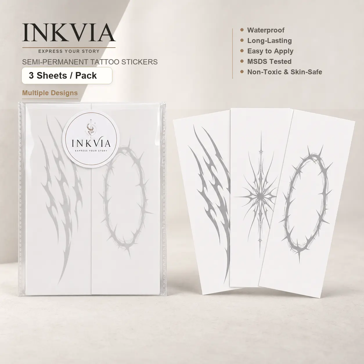 INKVIA 3 Sheets Gothic Y2K Temporary Tattoos, Semi Permanent Tattoo Stickers, Cyber Sigil, Tribal Flame & Thorn Ring Dark Body Art