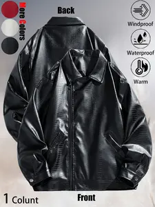 New Unisex Fashionable Oversized Windproof Warm Waterproof Durable Crocodile-Textured Red Leather Motorcycle Jacket, Versatile Multi-Pocket Personalized Trendy Couple's Leather Outfit, Ideal for Daily Commuting, Wilderness Exploration, Hiking, Fishing Out