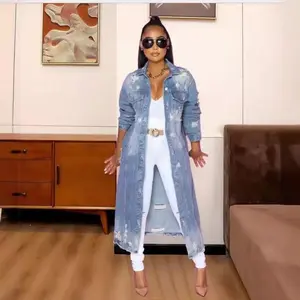 LooseRippedDenimLongJacketCapeElegantFabric