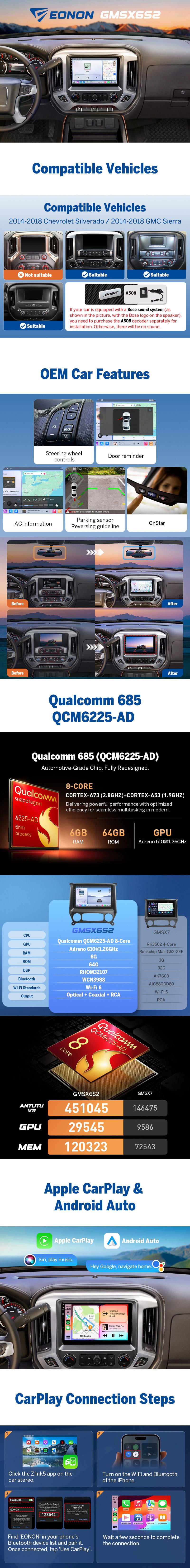 Eonon Car Stereo for Chevy Silverado GMC Sierra 2014-2018 with 10.1" IPS Touch Screen CarPlay Android Auto Android 13/14 Car Head Unit with Backup Camera & Dashcam OBDII SWC Sub BT Bluetooth 5.0 - GMSX7A, GMSX6S2