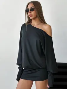 Women's Sexy Asymmetrical Shoulder Long Sleeve Tight Mini Dress, Womenswear, Music Festival Street Style, Fashionable and Trendy, Asymmetrical Bodycon Dress