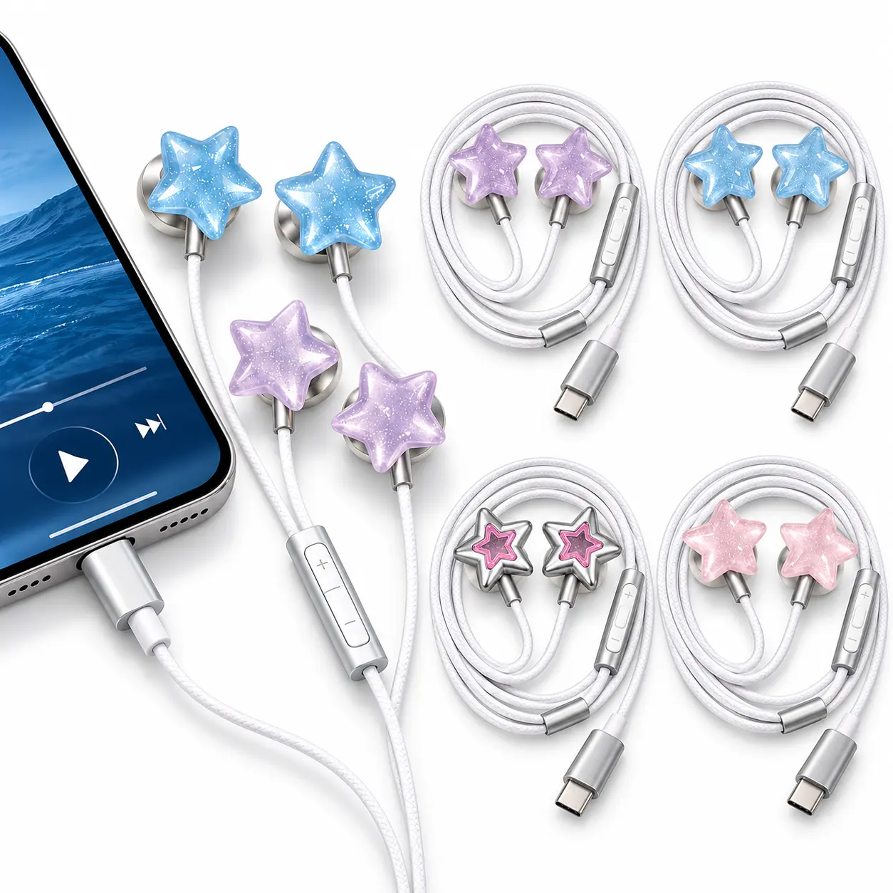 Y2K Cute Star Type-C Wired Earbuds with Portable Metal Storage Box, Heavy Bass Open Semi In-Ear Headphones with Mic, Girly Aesthetic Earphones for Music & Binge Watching, Compatible with SmartPhone-MM