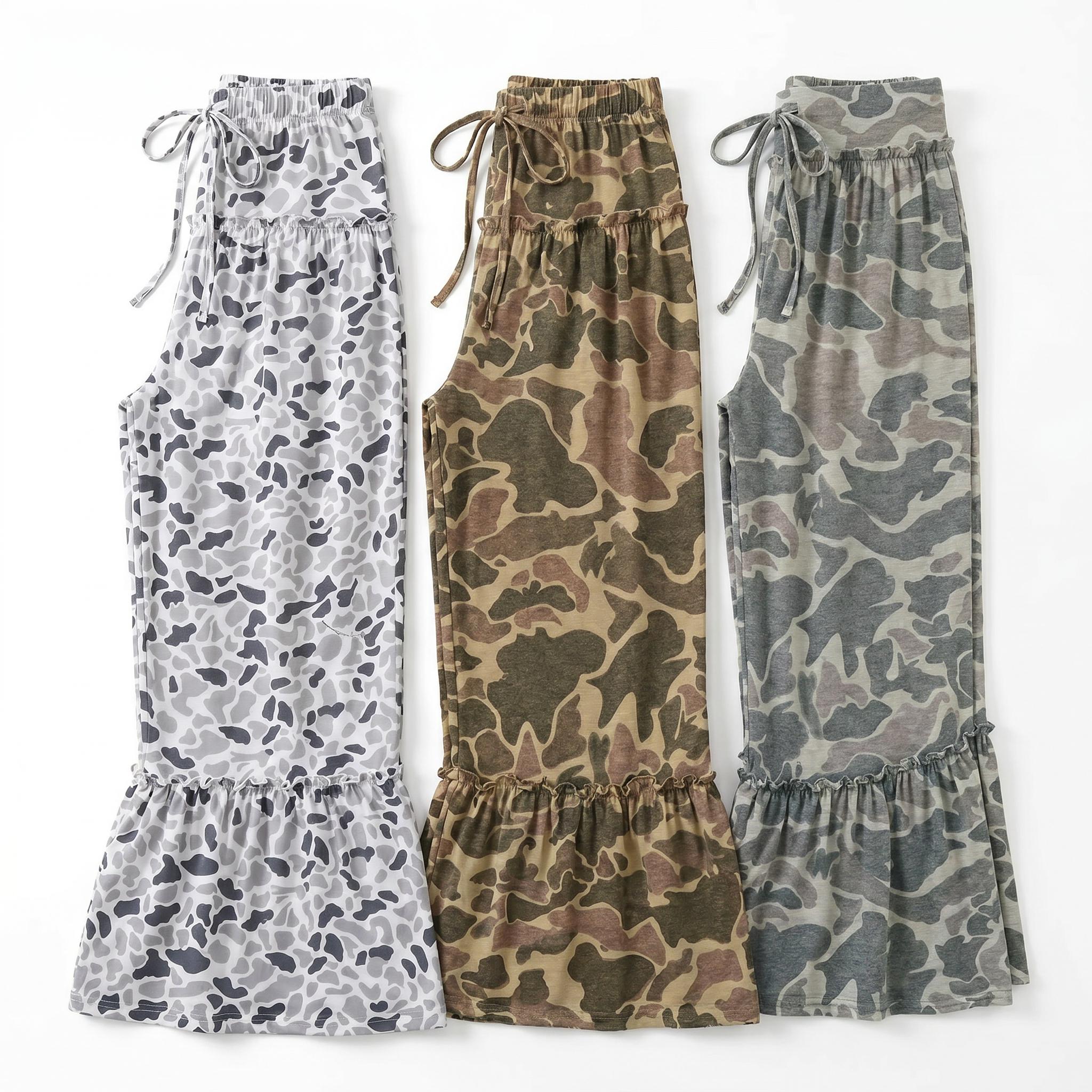 Multicolour Camo Print Wide Leg Casual Pants,back to school shopping