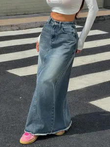Casual Washed Frayed Hem Extra Long Denim Skirt