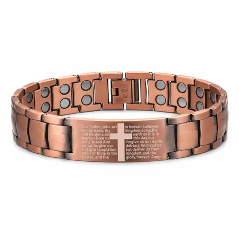 Male Copper Cross Motif Adjustable Slider Bracelet - Ultra-Strength Magnetic, Adjustable Links, Sizing Tool, Jewelry Box, Drawstring, Foldover Clasp - for Casual Wear, Gifting, All Seasons