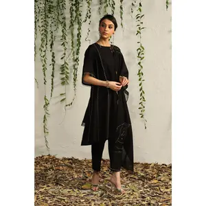 Black chanderi tie-up kurta set