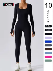 Women's Solid Ribbed Long Sleeve Sports Playsuit Tummy Control Jumpsuit, Workout Ribbed Long Sleeve Exercise Bodycon Jumpsuit, Seamless Jumpsuits One-piece Yoga Suit, Summer Outfits 2024