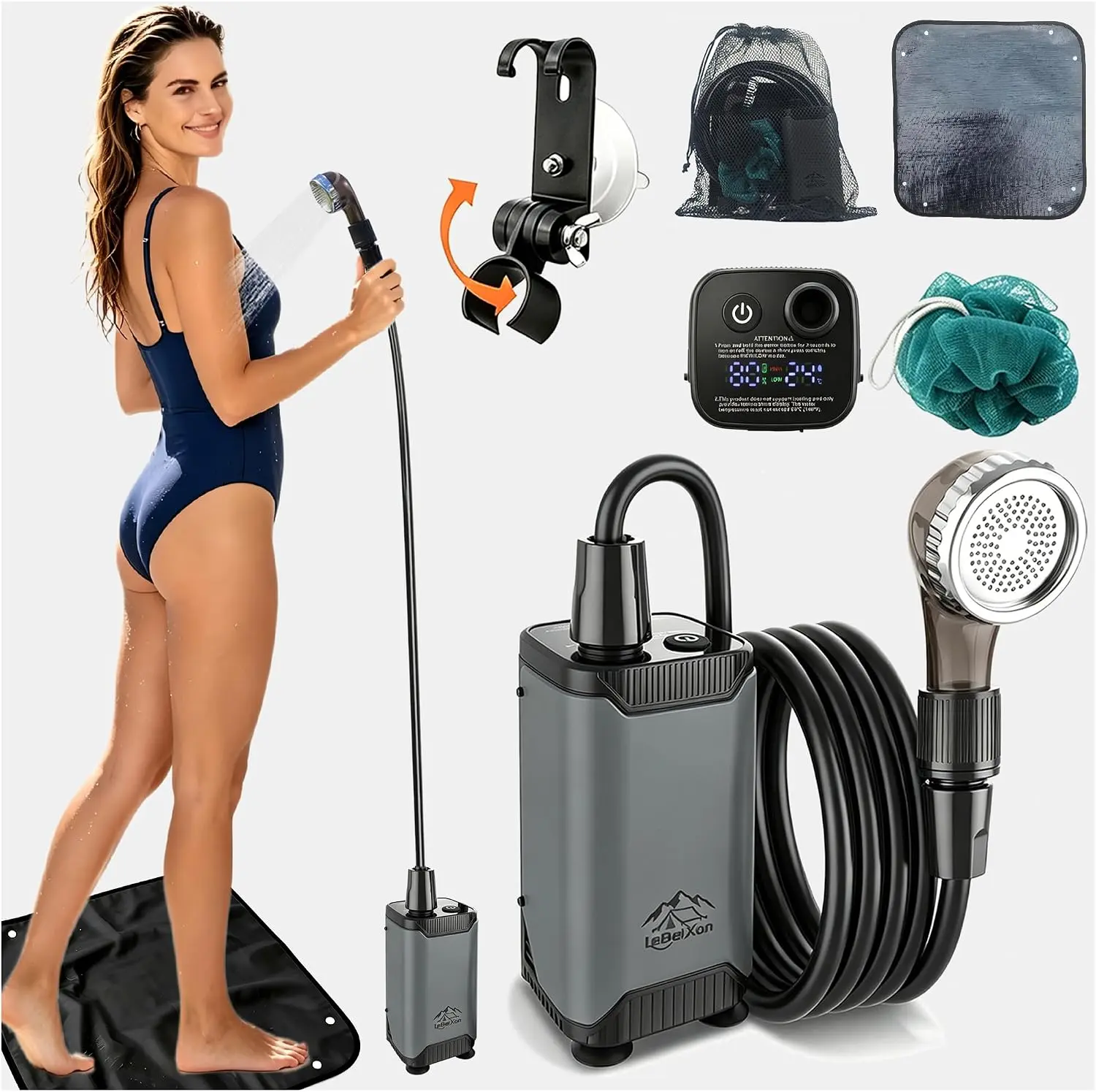 Portable Shower Pump for Camping Shower Kit, 8000mAh IPX8 Pump 90-150 Mins Runtime, 1.6 GPM Flow, Digital Display, 3-Stage Filtration, Shower Mat & Adjustable Shower Hook