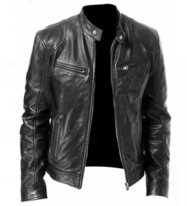 Cafe Racer Biker Leather Jacket Black & Brown Soft Sheep Skin Leather Menswear Man Collar Vintage