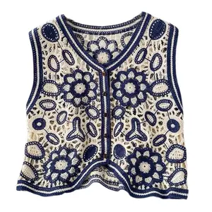 Boho Women Crochet Knit Vest Waistcoat Vintage Colorful Floral Pattern Sleeveless Cardigan Jacket Hippie V-Neck Crop Top Clothes White Skirts Casual