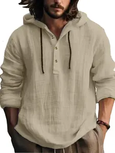 Men's Summer Linen Breathable Long Sleeve Casual Drawstring Hooded Shirt, Casual Classic Fitted Plain Design, Ideal for Vacation Wear, Comfortable Daily