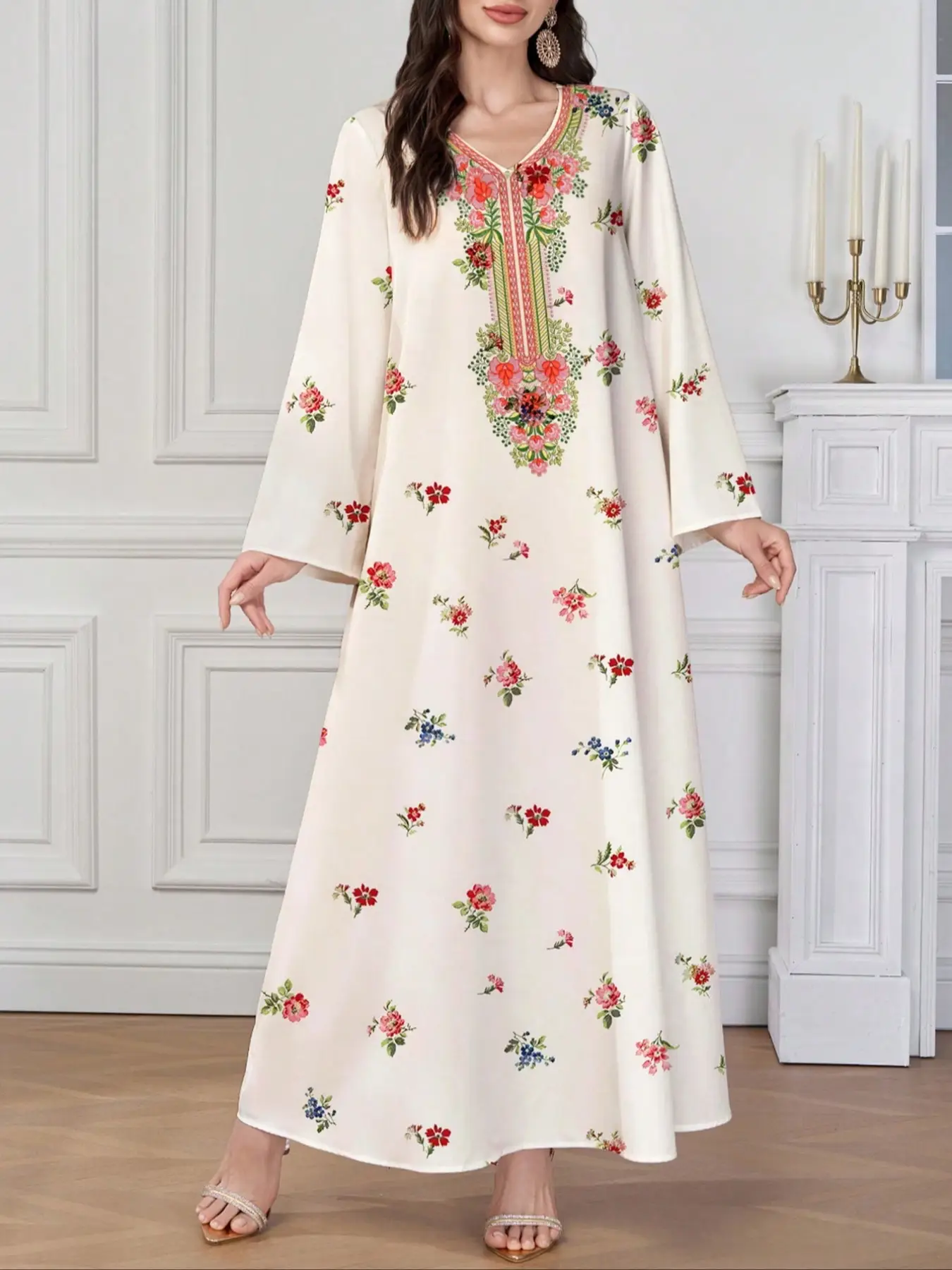 Women's V Neck Embroidered Boho Dress, Loose-Fit Long Sleeve Maxi Dress, All-Season Woven Fabric, Fashionable Ethnic Style