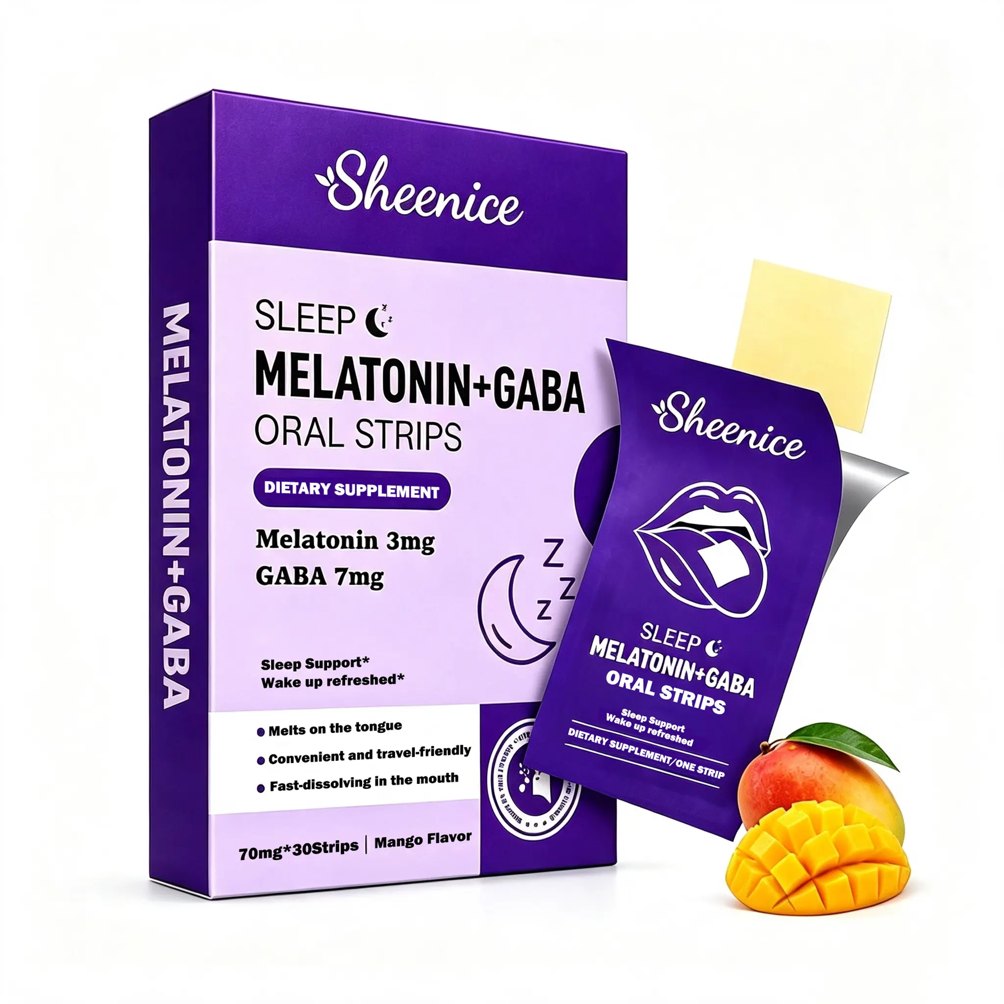 Sheenice Oral Strips Sleep Aid - 30 Servings, Mango Flavor, Travel-Friendly, Sugar-Free, Gluten-Free, Calming Support, Jetlag Relief, Supplement Routine Boost, Healthy Rest Solution