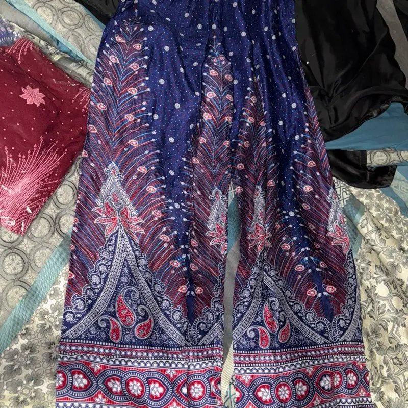 Handmade Bright Vivid Pants One Size Fits All Peacock Feather Print Boho Style