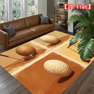 2D flat large hit velvet carpet, golf ball and cart illustration living room carpet, modern home decor carpet for foyer, bedroom, and game room