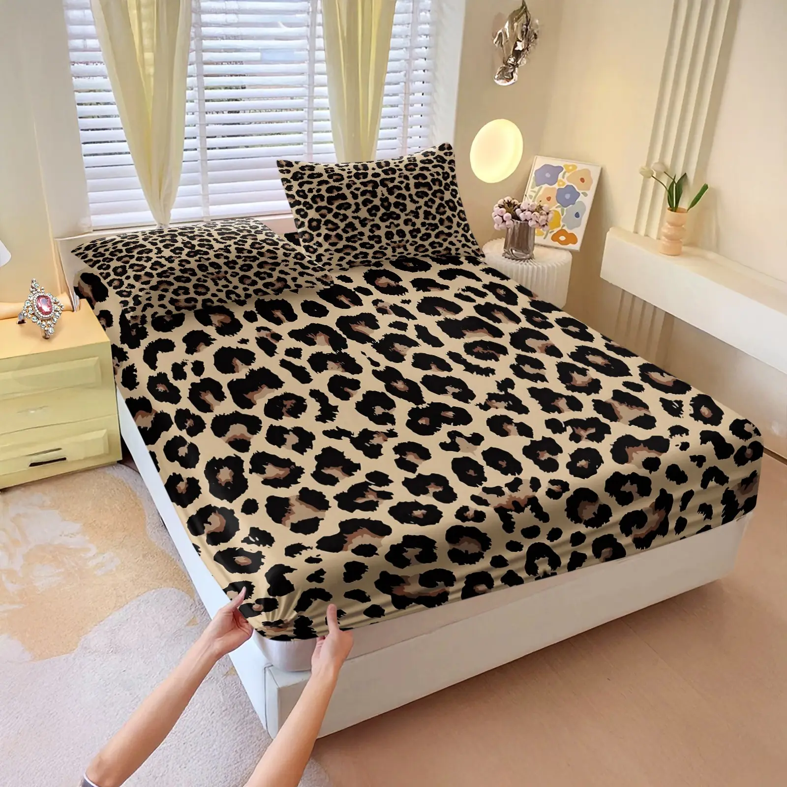 Stylish leopard print fitted sheet set,Includes 1 Fitted Sheet & 2 Pillowcases without Filler,Wild and fashionable,Comfortable and soft,Suitable for all seasons, trendy and unique, Soft Material, Leopard Pattern, No Fillings, The perfect bedding set.