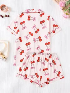Women's All Over Cherry Print Button Front Shirt & Shorts Pyjama Set, Comfort Two-piece Pj Set for Homewear, Women's Sleepwear for All Seasons, Womenswear, Pajama Set, Lady Loungewear, Pajamas, Casual Comfy Pajama, Casual Loungewear Set