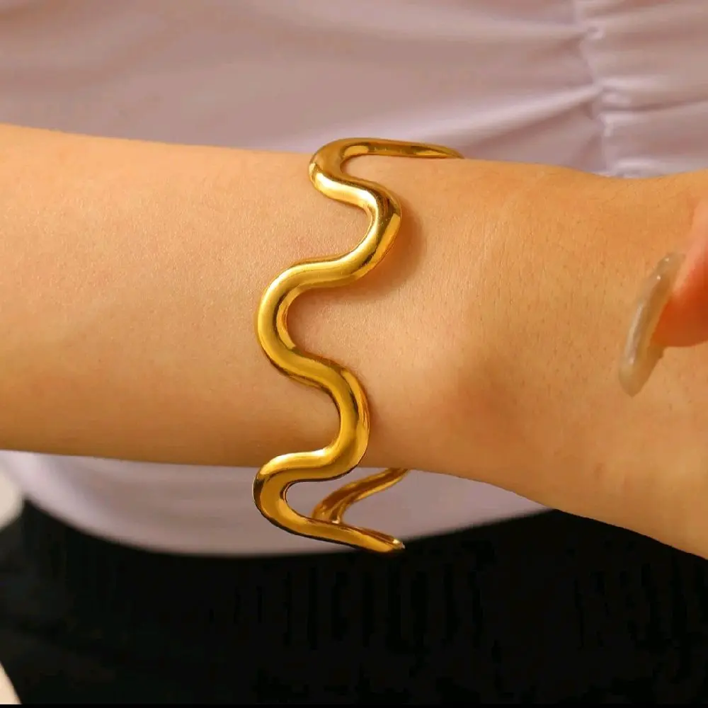 Brazalete Abierto Para Mujer Acero Inoxidable Chapado En Oro 18K Gota De Agua Flor Geométrica Nudo De Bambú Minimalista