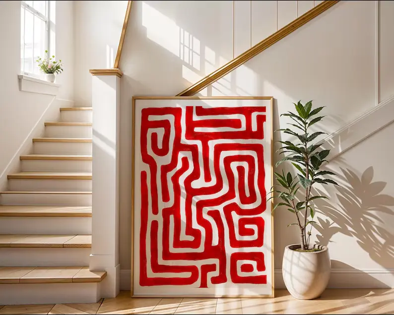 Red Maze Wall Art, Abstract Labyrinth Poster, Modern Geometric Line Print, Bold Minimalist Contemporary Home Decor