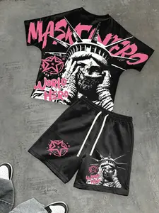 American High Street Block Two-Sided Print Set, Front Simple Star Back Liberty Statue Print Short Sleeve + Pants, T-Shirt + Shorts Two-Piece Set