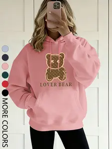 Women's Fall Winter New Hooded Sweatshirt, Thickened Fleece, Creative Cartoon Bear Print, Casual Loose-Fit Long Sleeve, Multi-Color Options, Casual Print Hoodie