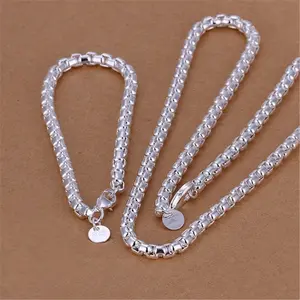 45-60cm 925 Sterling Silver 4mm Round Box Chain Necklace Bracelet set For Women Men Boy Wedding Engagement Charm
