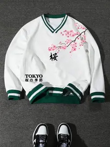 Tokyo Cherry Blossom Hanzi Print College Style Sweatshirt, Cute Casual Aesthetic Japanese V Neck Pullover, Harajuku Streetwear Men's Top#TokyoSakuraSweatshirt #JapaneseAestheticWear #VarsityStreetwear#TikTokFashionTrend #VNeckCasualTop#ViralFit2026