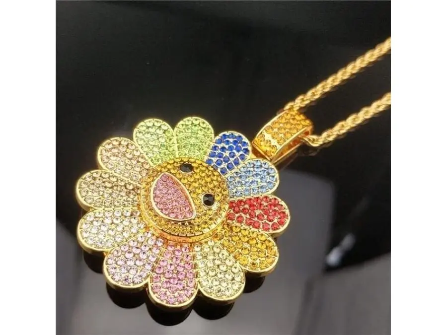 Smiley Face Sunflower MurKami Necklace,Colorful Petal Smiley Face Hip Hop Necklace,Spinning Pendant