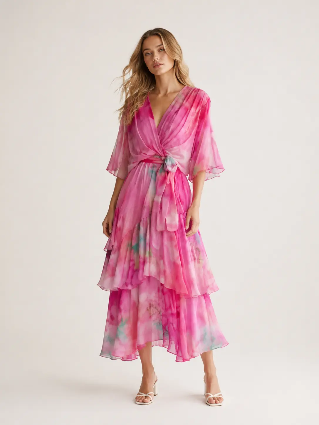 Women's Polyester Gradient Print Midi Dress - Elegant Casual V-Neck Ruffle Sleeve Tiered Flowy High Waist Lady's Fit for Summer Casual Wear, Accessories