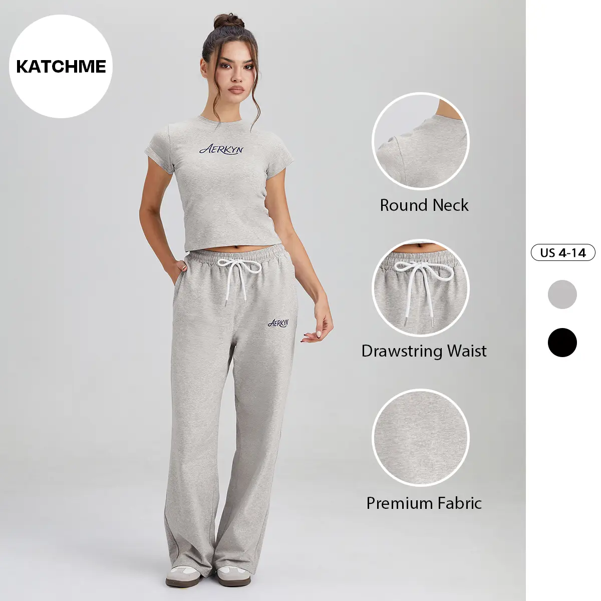 KatchMe Women's Sporty Letter Print Short Sleeve Crop Top & Drawstring Waist Wide Leg Trousers Tracksuit, Comfort Round Neck Co-ord Set, Workout Two Piece Outfits