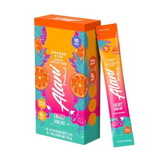 Alani Nu ORANGE KISS Sticks, Drink Powder, 200mg Caffeine, Pre Workout Performance with Antioxidants, On-The-Go Drink Mix, Biotin, B Vitamins, Zero Sugar, 5-10 Calories, 10 Pack