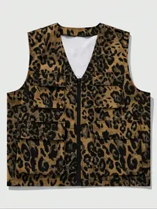 Men's Leopard Print Zip Up Vest Jacket Gilet, Loose Casual Comfy Breathable Sleeveless Outerwear for Daily Wear, Men's Clothes for All Seasons, Tops