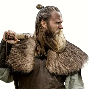 1pc Viking Fur Cloak Cape with Hood - Medieval Renaissance Costume Accessory with Braided Hair & Beard Design, Faux Fur Hooded Cape for Men & Women, Hisrical Role Play, Themed Events, Renaissance Fairs, Viking Conventions - Warm Winter Clothing, Easy  W-G