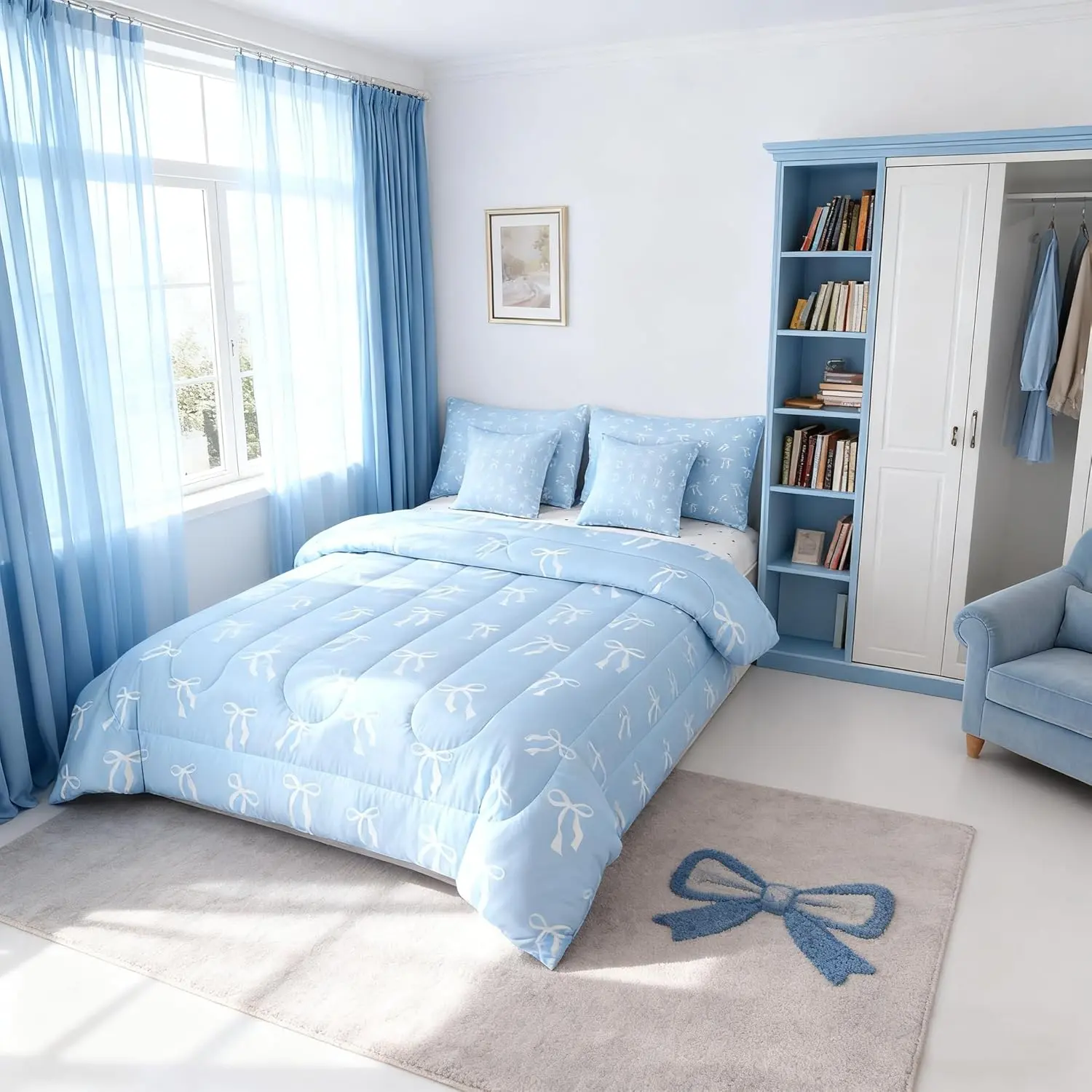 Feelyou 7-Piece Microfiber Bedroom Bedding Set - Princess Ribbon Bow Comforter, Decorative Bedsheet Set for Modern Simple Blue & White Themed Beds, Decorative Bedding Set