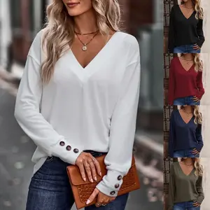 &2025 European and American Women's Fashion Autumn Winter New Solid Color V-Neck Loose Long Sleeve  Button Top polka dot outfit wearing ribbed sheer Long Sleeve Button-Up  Off-Shoulder Alphabet Print  Halloween T-shirt Support Leopard Sleeveless Crop Top