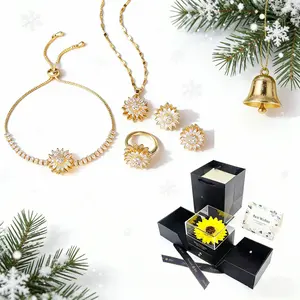 Spinning Sunflower Bracelet for Women Sunflower Fidget Necklace Open Ring Bracelet Earrings Zircon Jewelry Set for Anxiety Worry Relieving Adjustable Flower Jewelry Accessories Gifts