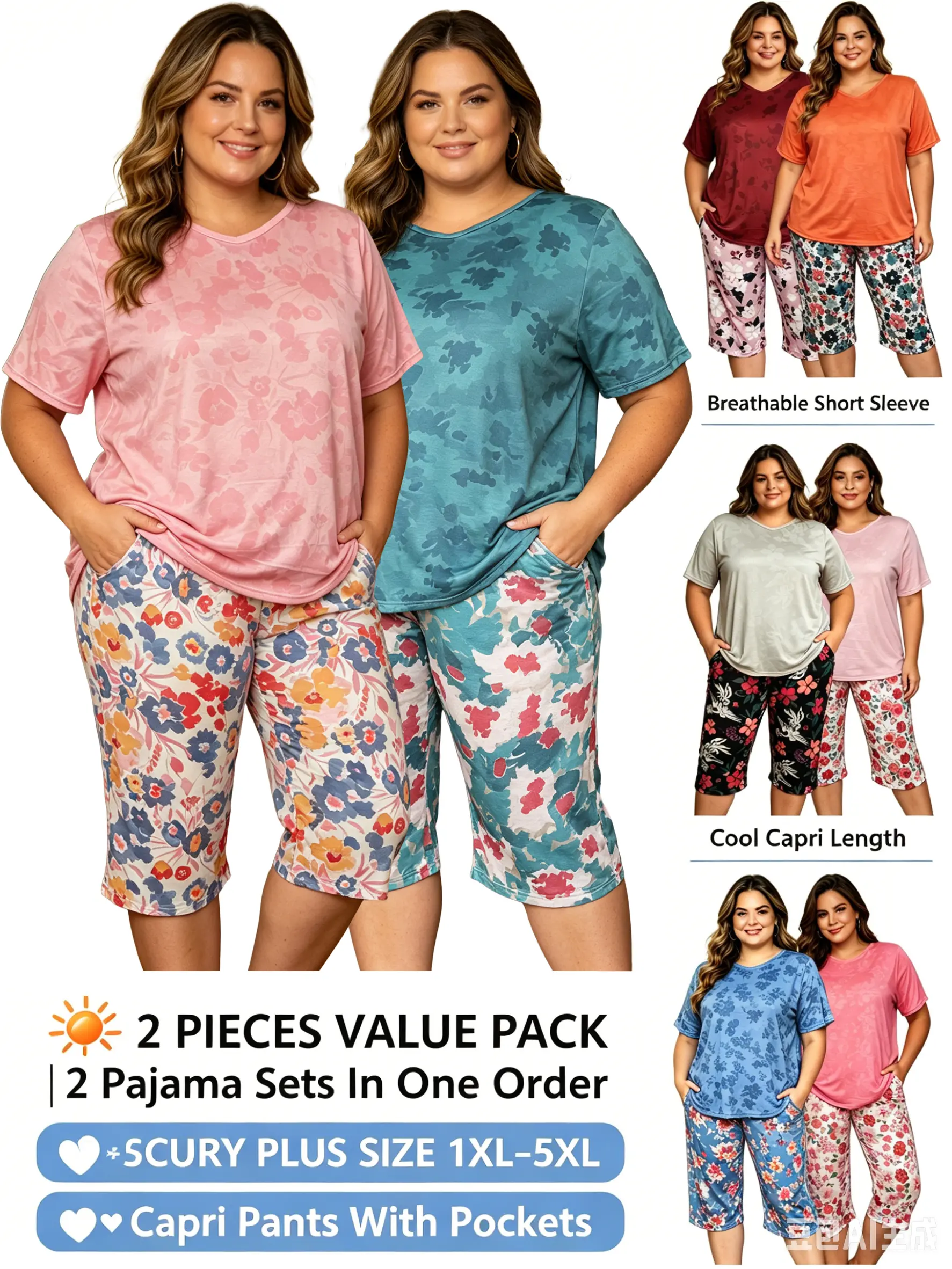 LONAGIRL Plus Size Pajama Set 2-Pack, Cute Floral Short Sleeve & Capri Loungewear for Women, Lightweight Soft Knit with Pockets, Comfy Fit 1XL-5XL, Nightwear, Elastic