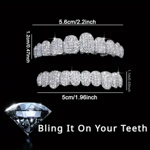 2pcs/set Hip Hop Cubic Synthetic Zirconia Teeth Braces 20 Teeth Upper and Lower Teeth Braces for Women Men Fashionable Luminous Teeth Braces Oral
