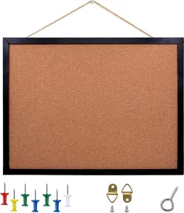 Black Cork Board Bulletin Board, 17.7"X 13.3" pin Boards for Walls, Oak Wood Finish Frame, Wall Mounted Cork Board for Office Home and School(Pins, Eye Bolts, gaskets, Screws)